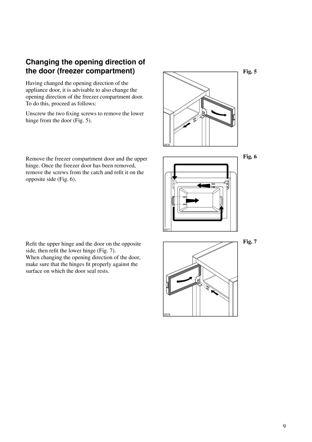 Zanussi ZKC 49/3 manual Changing the opening direction of the door freezer compartment, D576, D578 