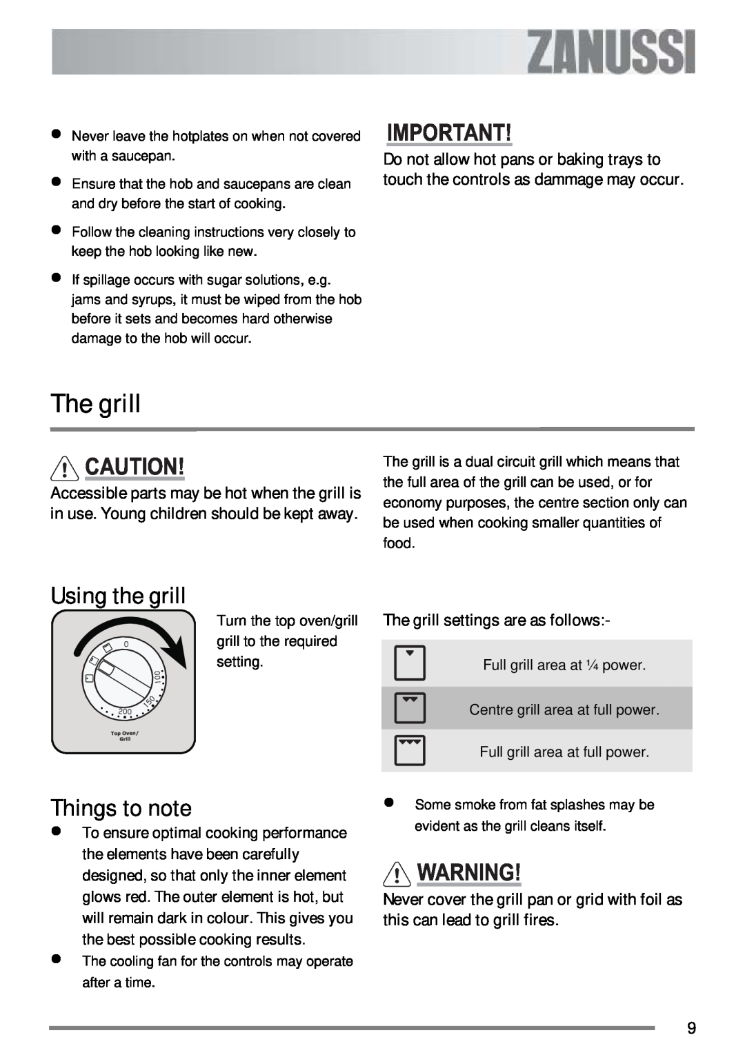 Zanussi ZKC 6000W user manual Using the grill, Things to note, The grill settings are as follows 