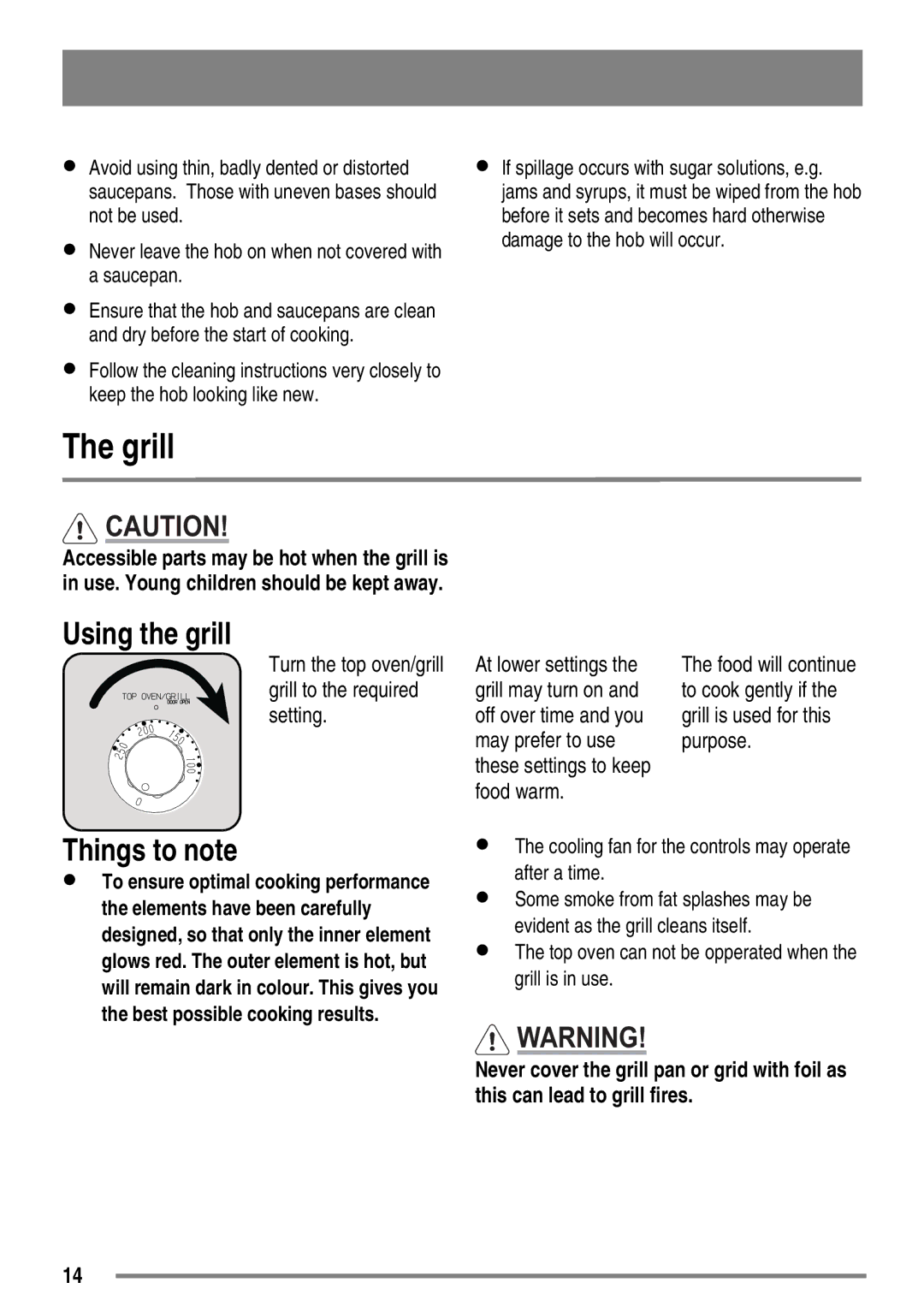 Zanussi ZKC5030 user manual Grill, Using the grill, Things to note 