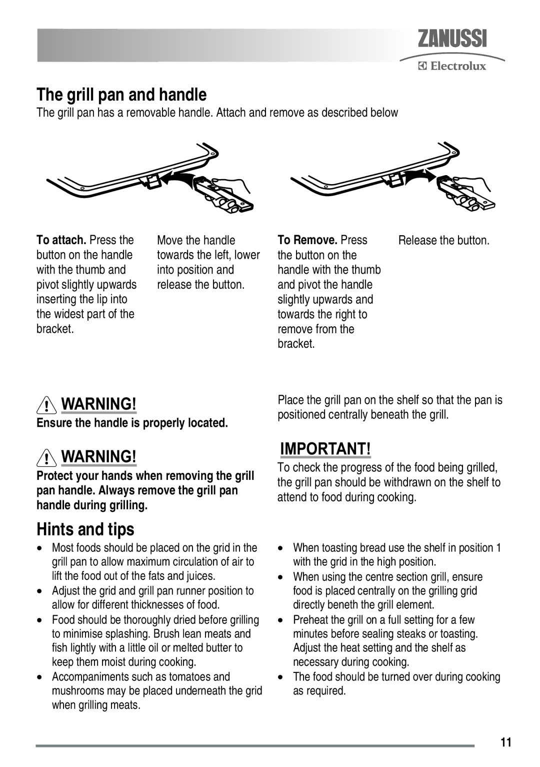 Zanussi ZKC5030 user manual Grill pan and handle, Hints and tips 