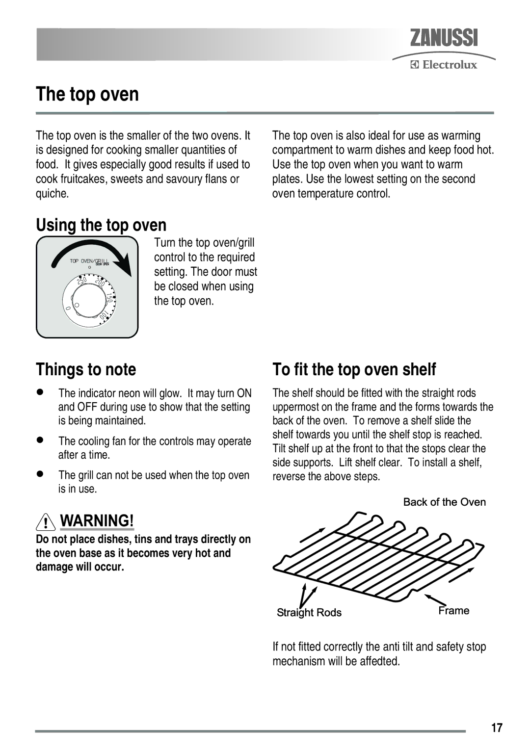 Zanussi ZKC5030 user manual Top oven, Using the top oven, To fit the top oven shelf 