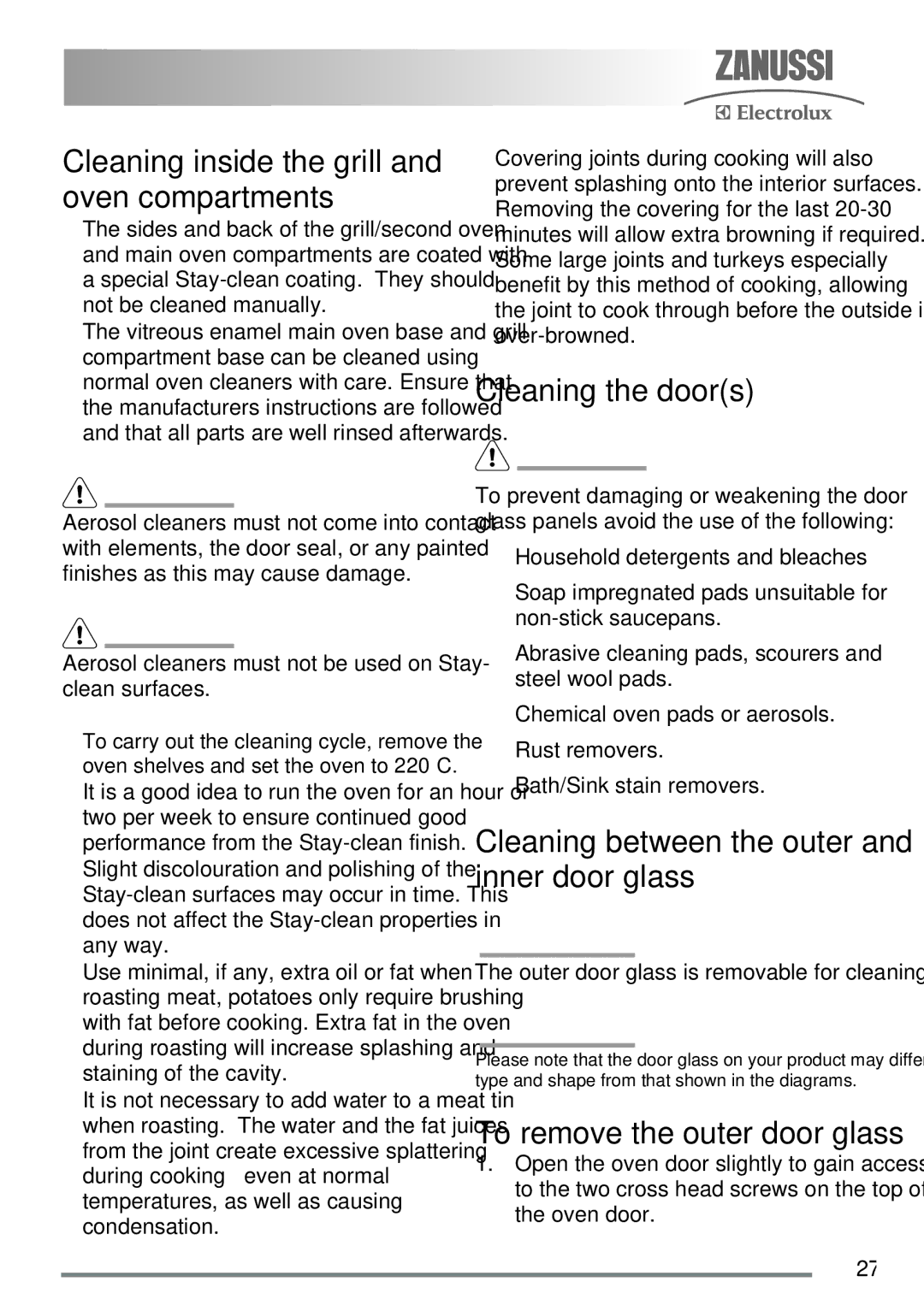 Zanussi ZKC5030 user manual Cleaning the doors, Cleaning inside the grill and oven compartments 