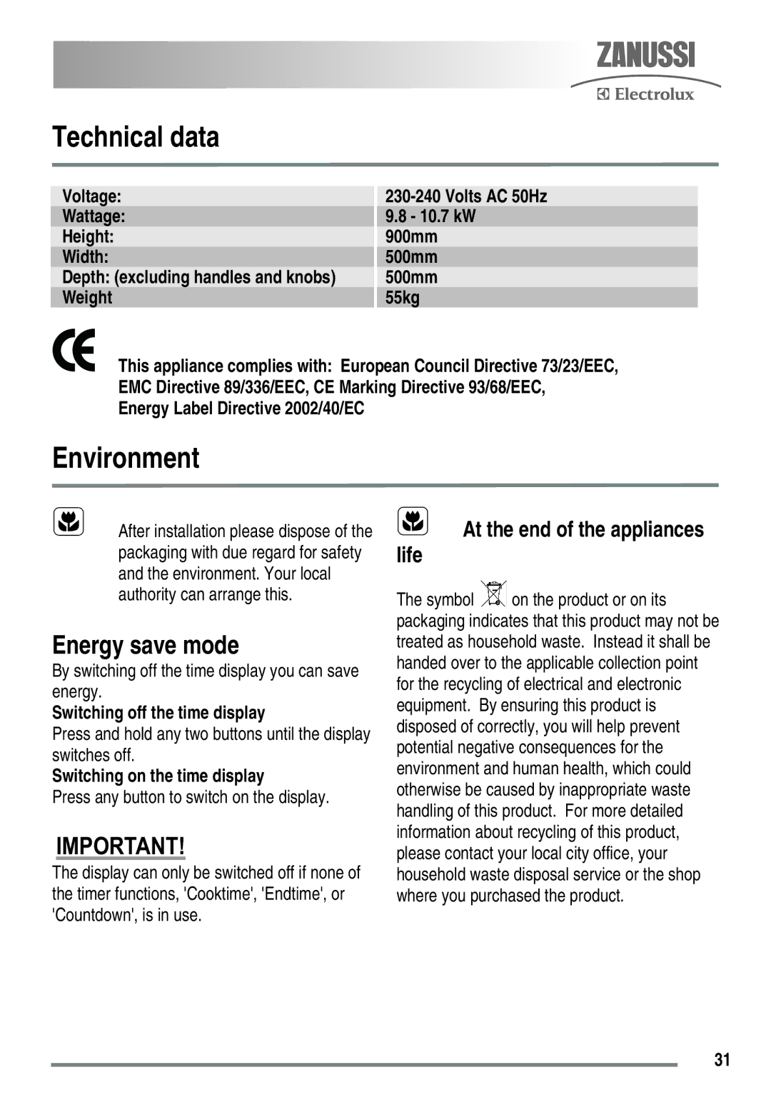 Zanussi ZKC5030 user manual Technical data, Environment, Energy save mode 