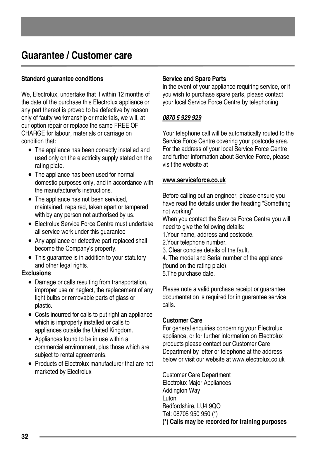 Zanussi ZKC5030 user manual Guarantee / Customer care, Standard guarantee conditions 