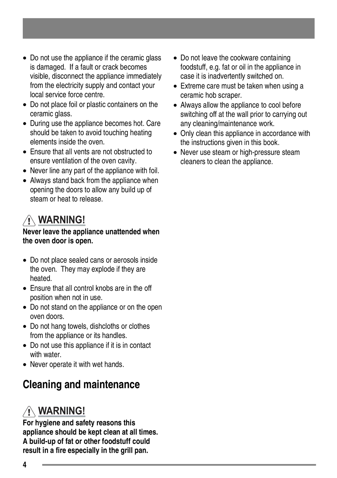 Zanussi ZKC5030 user manual Cleaning and maintenance, Extreme care must be taken when using a ceramic hob scraper 