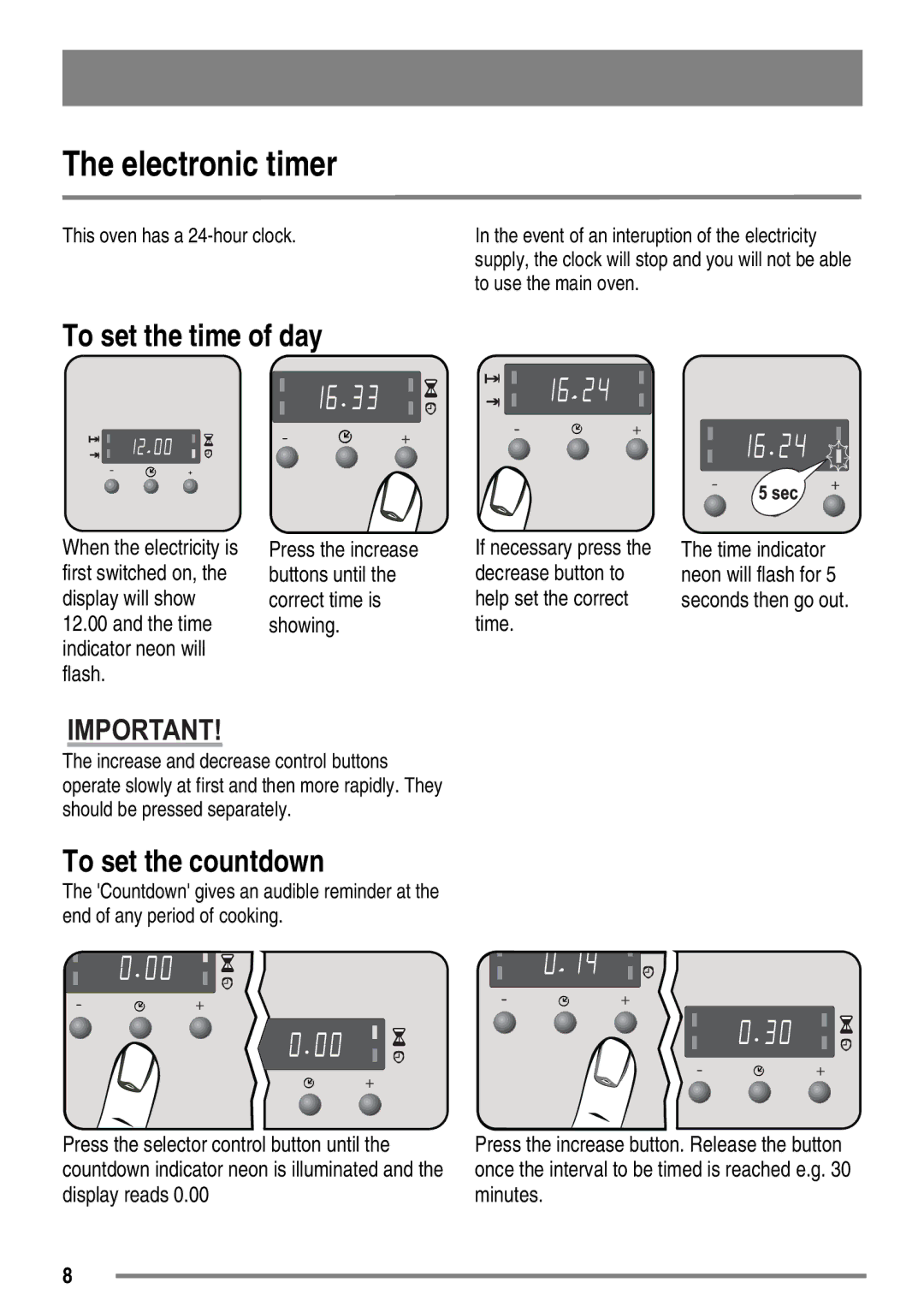 Zanussi ZKC5030 user manual Electronic timer, To set the time of day, To set the countdown 