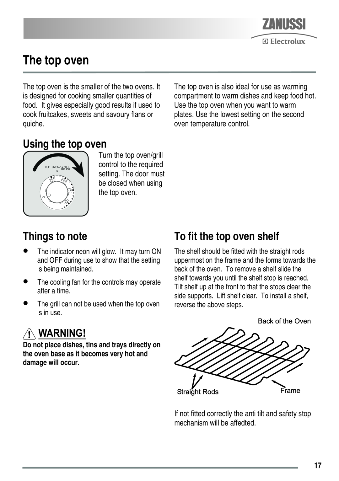 Zanussi ZKC5030 user manual The top oven, Using the top oven, To fit the top oven shelf, Things to note 