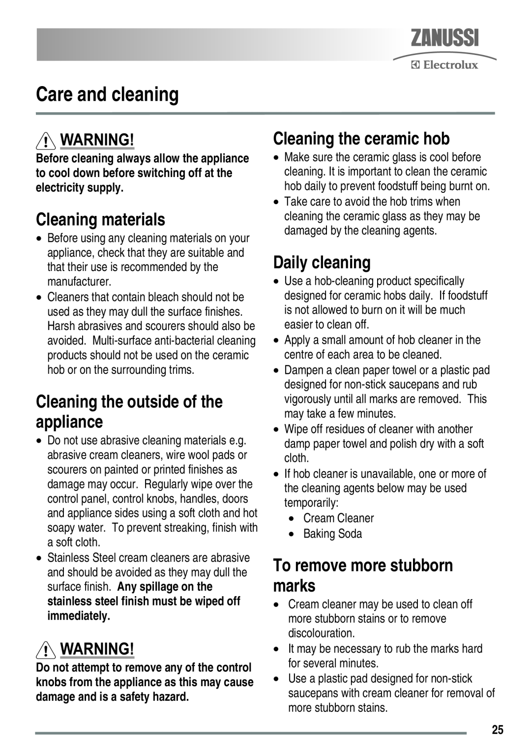 Zanussi ZKC5030 Care and cleaning, Cleaning materials, Cleaning the outside of the appliance, Cleaning the ceramic hob 
