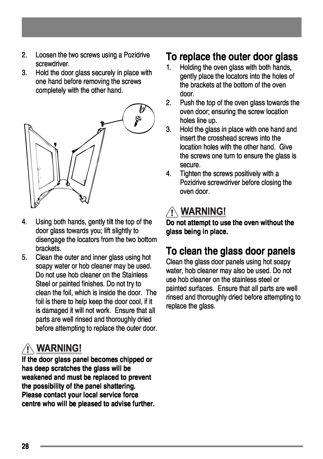 Zanussi ZKC5030 user manual To replace the outer door glass, To clean the glass door panels 