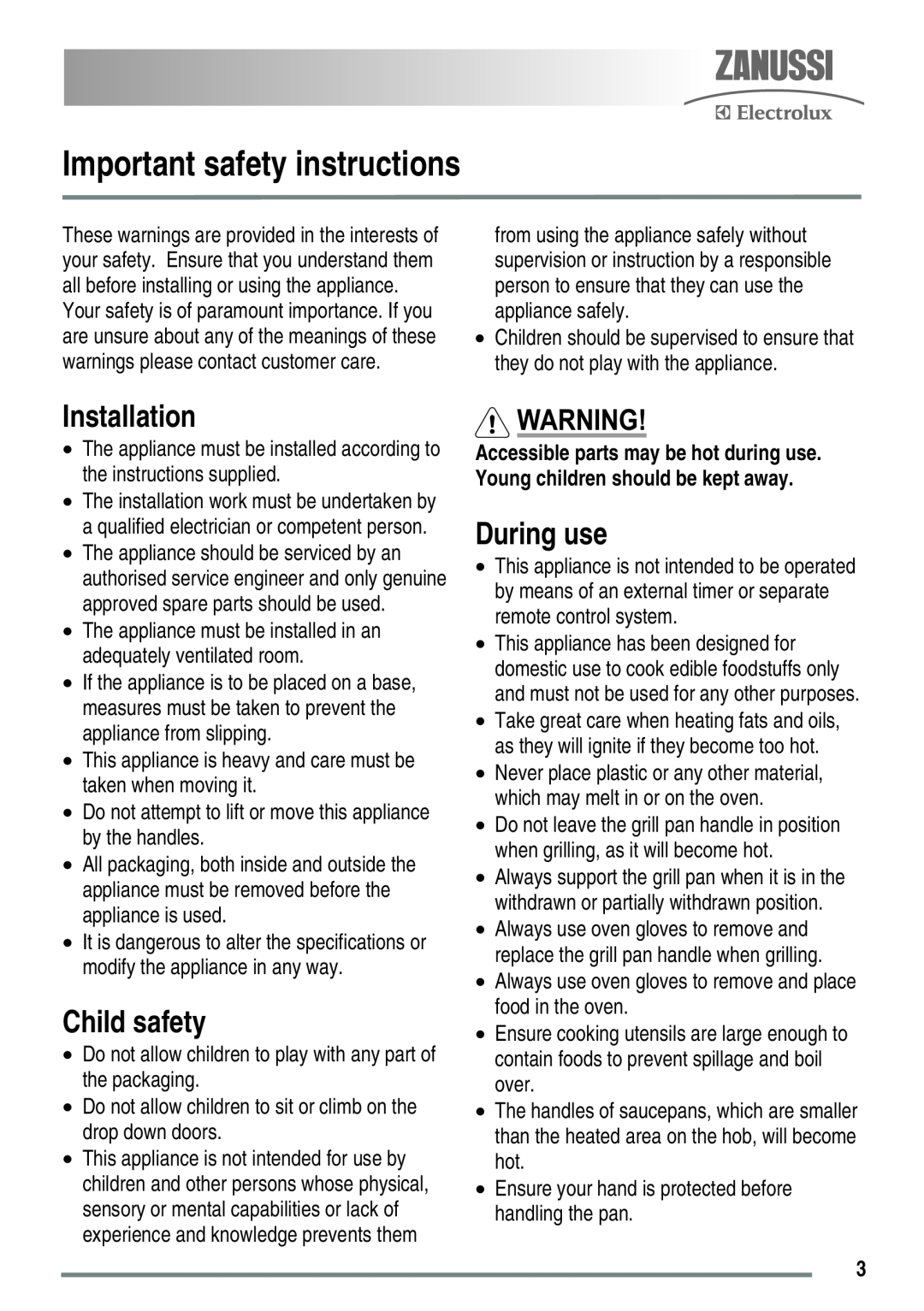 Zanussi ZKC5030 user manual Important safety instructions, Installation, Child safety, During use 