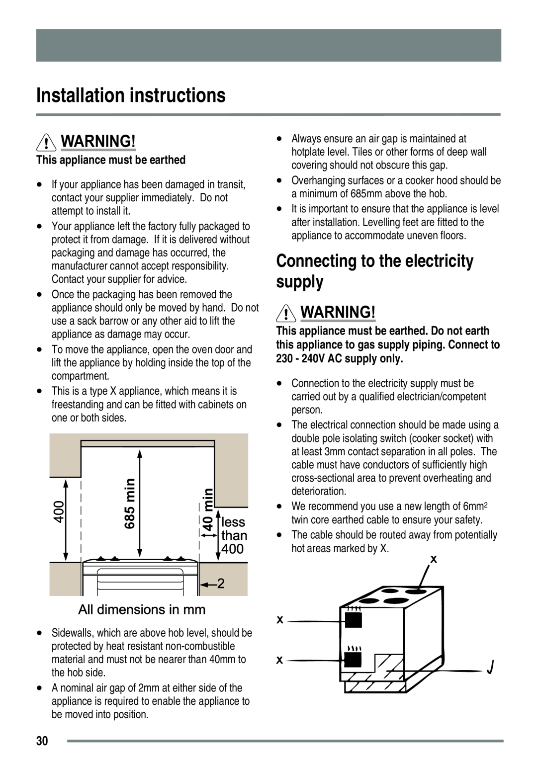 Zanussi ZKC5030 Installation instructions, Connecting to the electricity supply, This appliance must be earthed, 685 min 