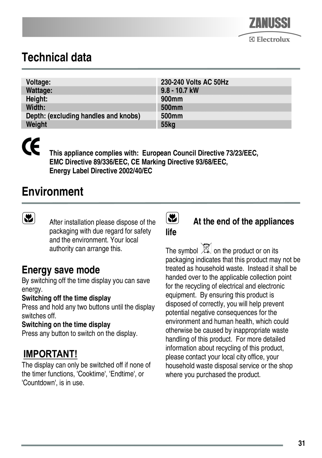 Zanussi ZKC5030 Technical data, Environment, Energy save mode, At the end of the appliances life, Voltage, Volts AC 50Hz 