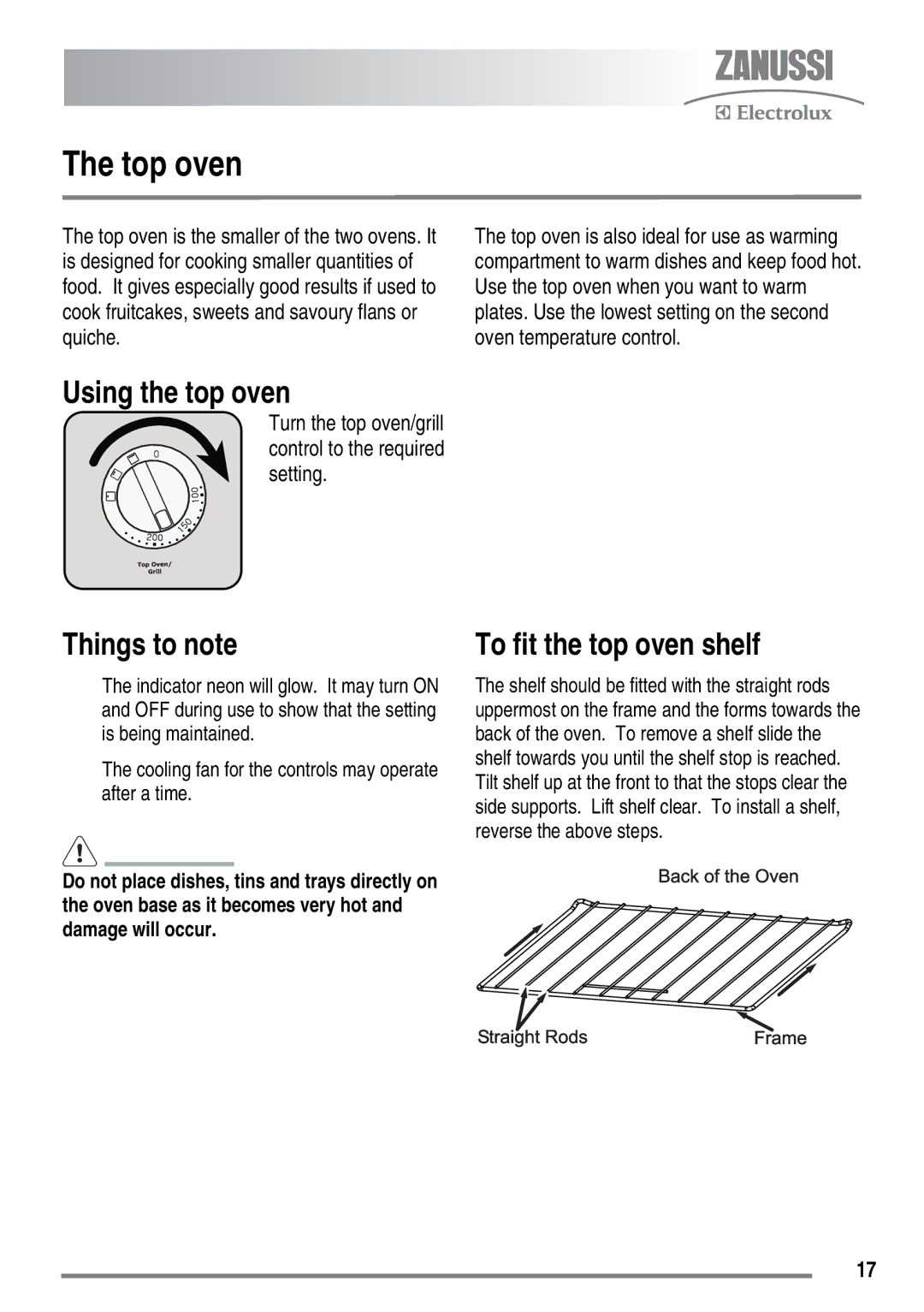 Zanussi ZKC5540 user manual Top oven, Using the top oven, To fit the top oven shelf 