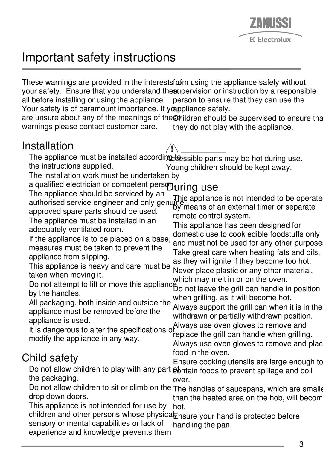 Zanussi ZKC5540 user manual Important safety instructions, Installation, Child safety, During use 