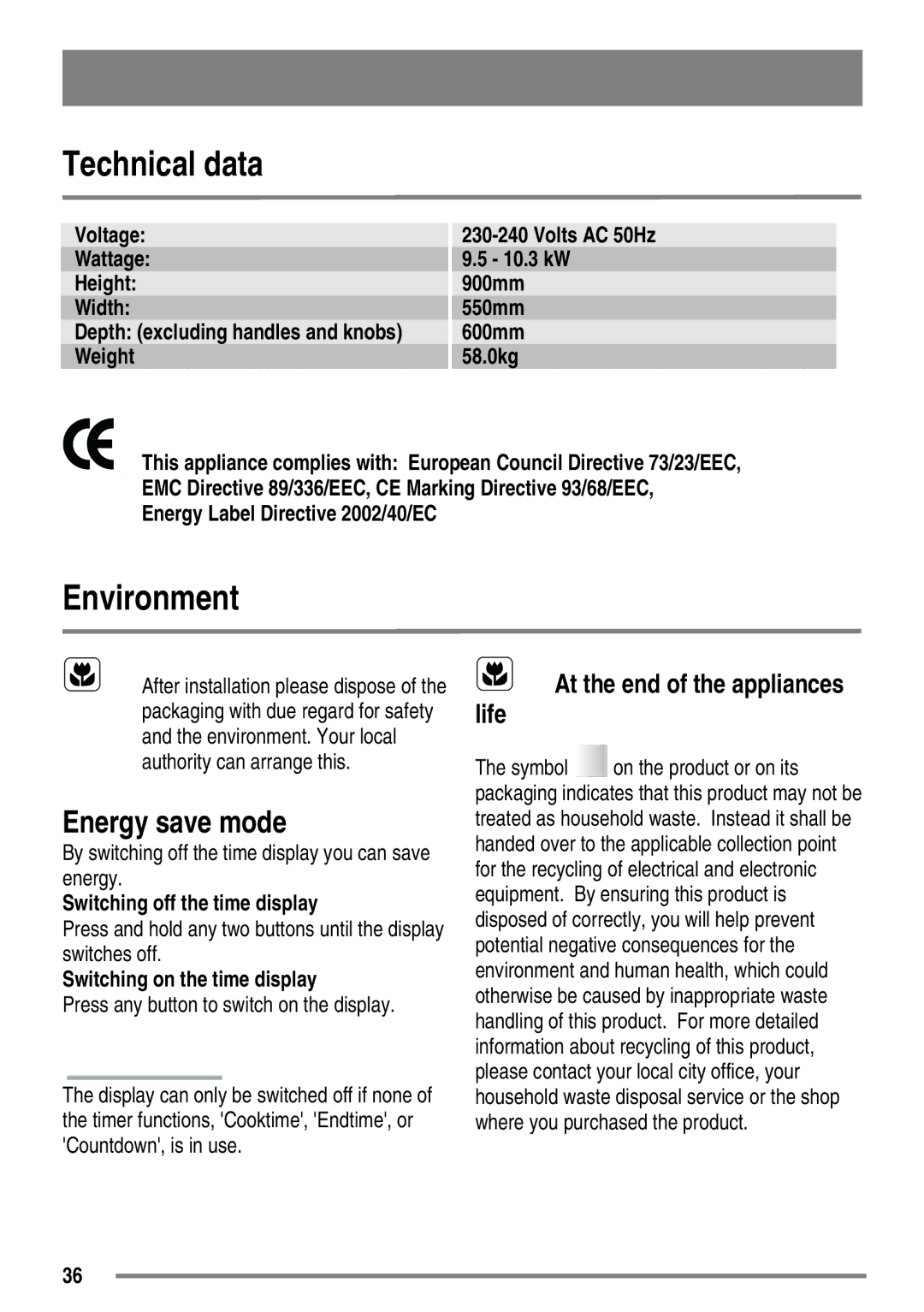 Zanussi ZKC5540 Technical data, Environment, Energy save mode, By switching off the time display you can save energy 