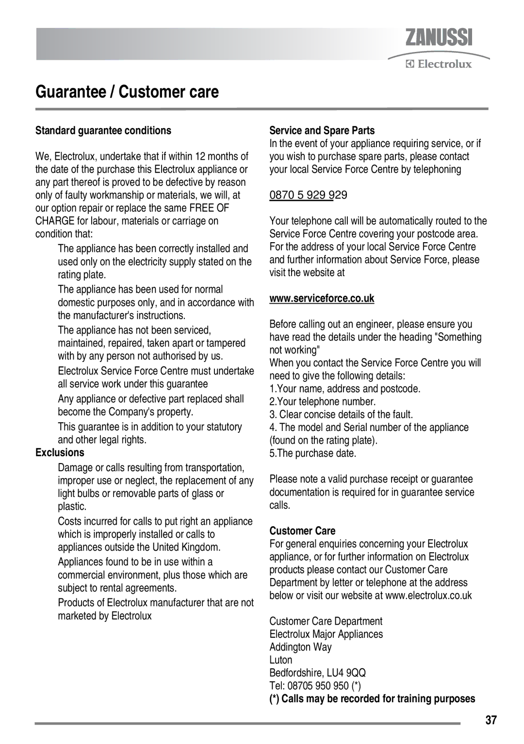 Zanussi ZKC5540 user manual Guarantee / Customer care, Standard guarantee conditions 