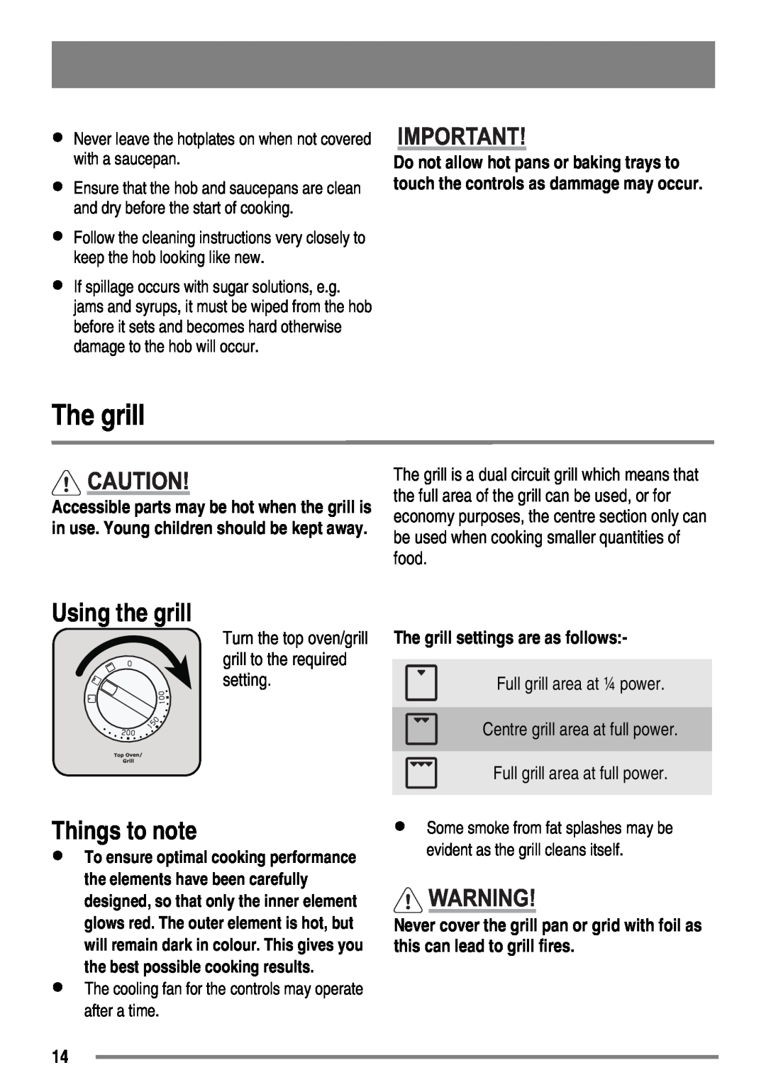 Zanussi ZKC5540 user manual Using the grill, Things to note, The grill settings are as follows 