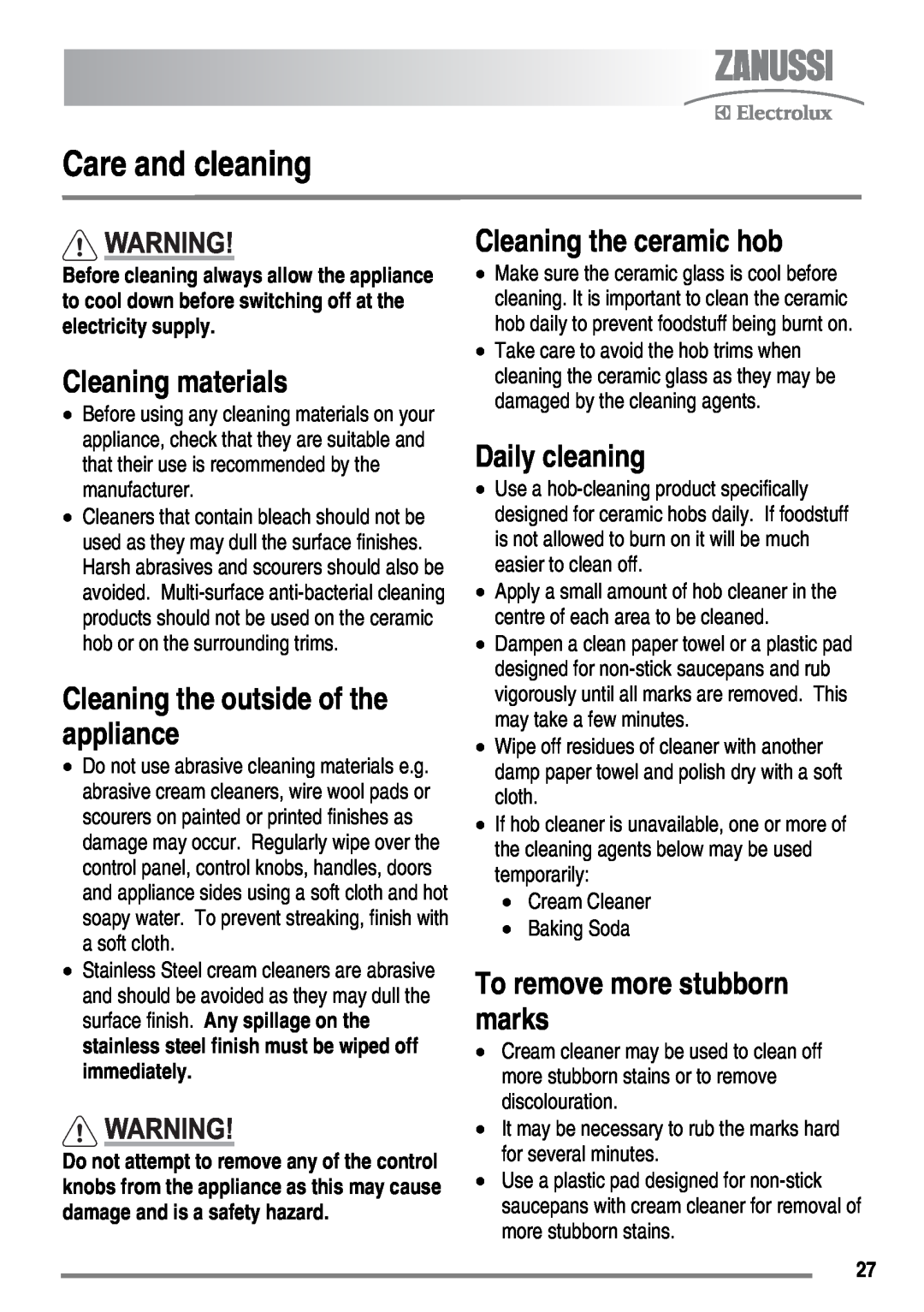 Zanussi ZKC5540 Care and cleaning, Cleaning materials, Cleaning the outside of the appliance, Cleaning the ceramic hob 