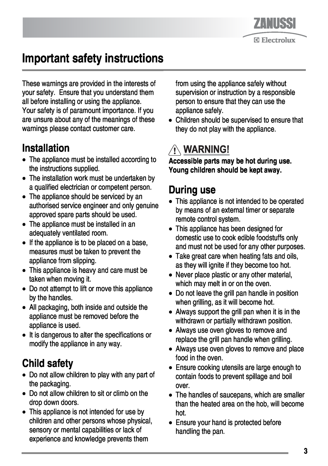 Zanussi ZKC5540 user manual Important safety instructions, Installation, Child safety, During use 