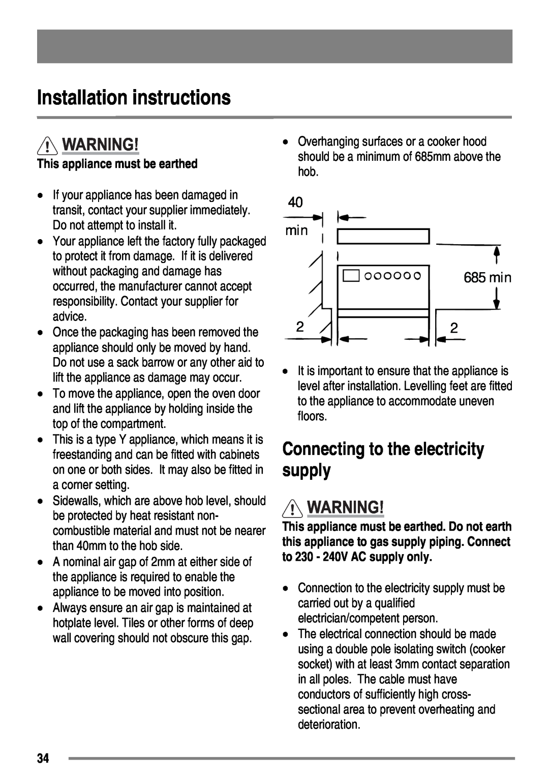 Zanussi ZKC5540 user manual Installation instructions, Connecting to the electricity supply, This appliance must be earthed 