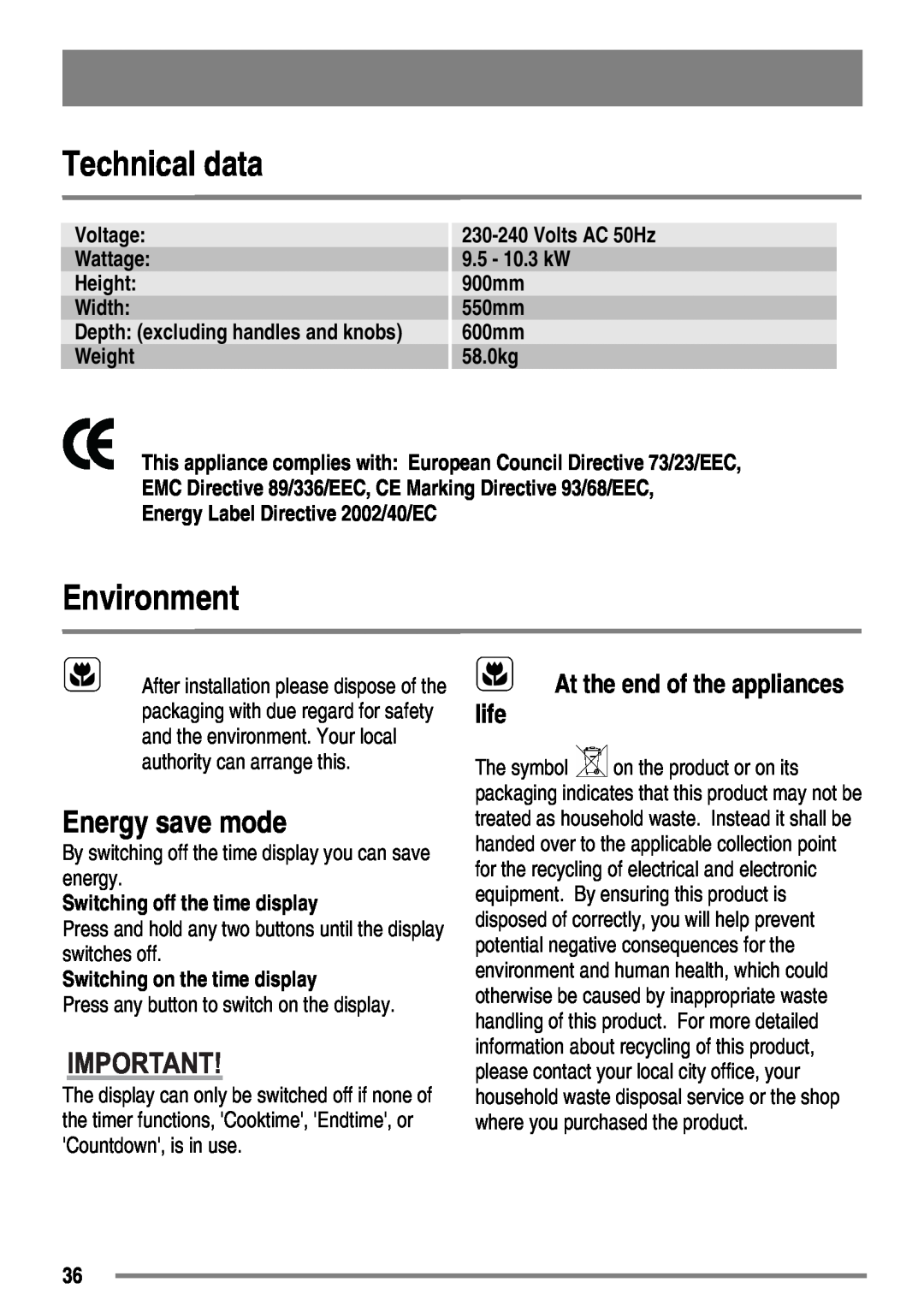 Zanussi ZKC5540 Technical data, Environment, Energy save mode, At the end of the appliances life, Voltage, Volts AC 50Hz 