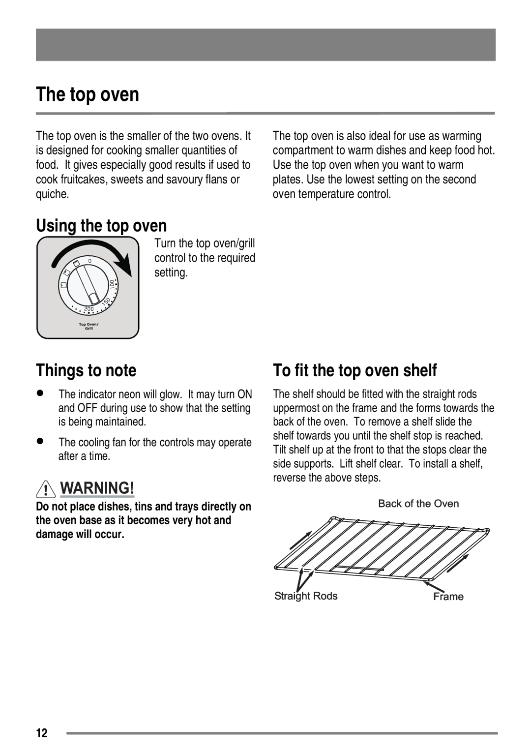 Zanussi ZKC6010 user manual Top oven, Using the top oven, To fit the top oven shelf 