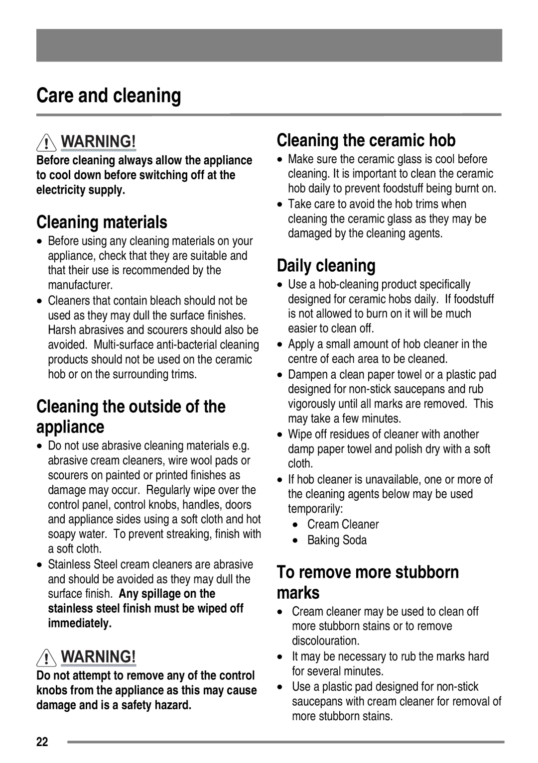 Zanussi ZKC6010 user manual Care and cleaning 