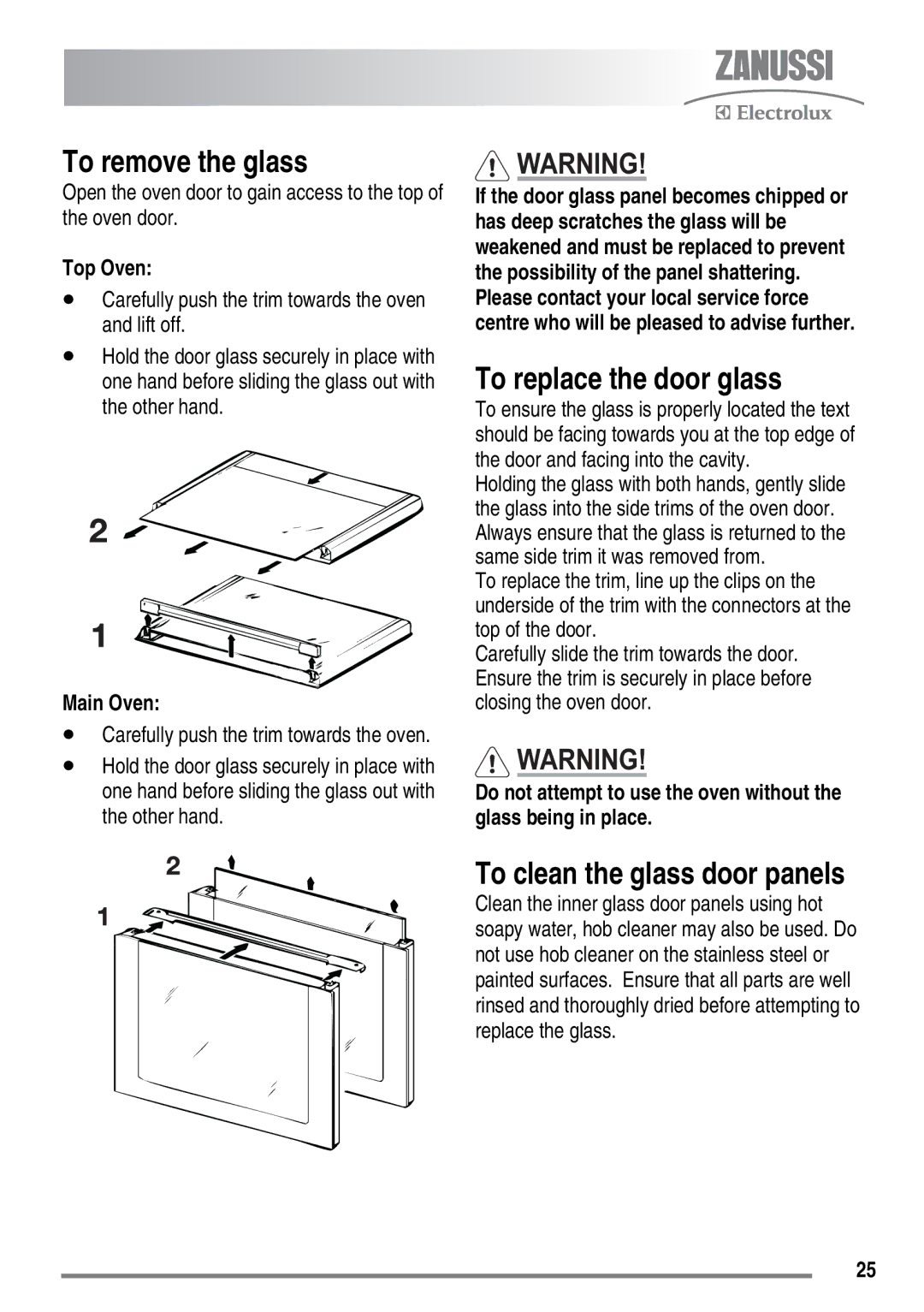 Zanussi ZKC6010 user manual To remove the glass, To replace the door glass, Top Oven, Main Oven 