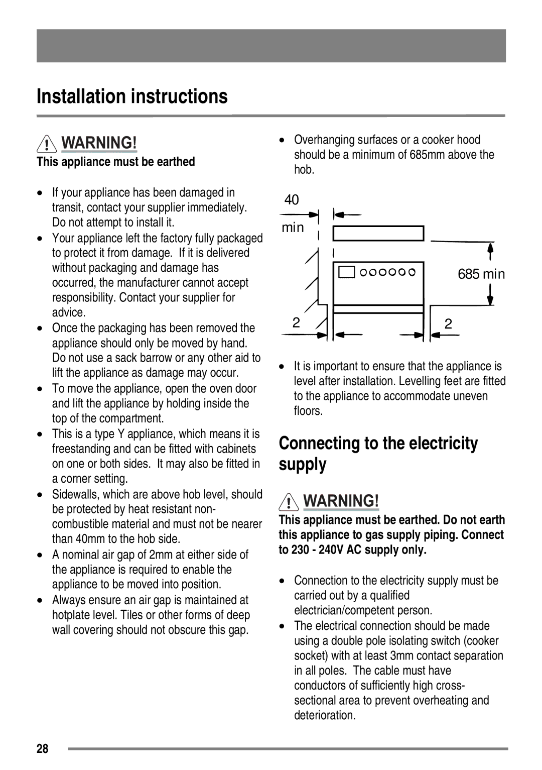 Zanussi ZKC6010 user manual Installation instructions, Connecting to the electricity supply, This appliance must be earthed 