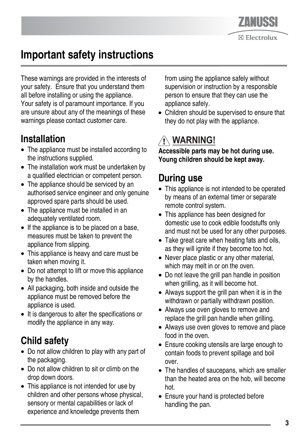 Zanussi ZKC6010 user manual Important safety instructions, Installation, Child safety, During use 