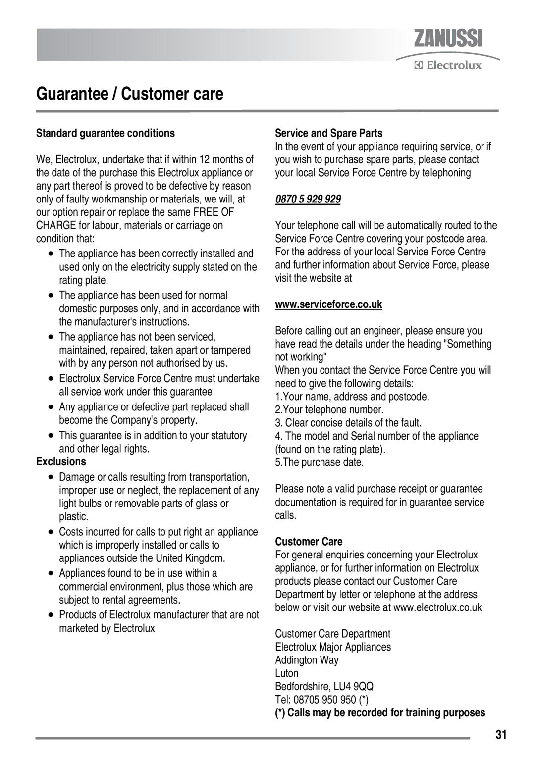 Zanussi ZKC6010 user manual Guarantee / Customer care, Standard guarantee conditions 