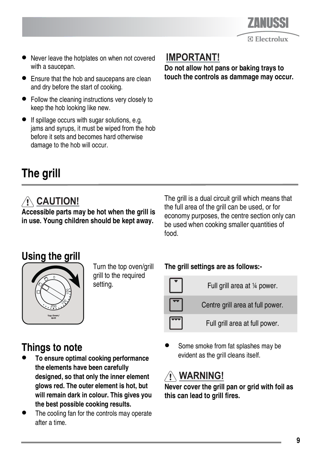 Zanussi ZKC6010 user manual Using the grill, Things to note, Grill settings are as follows 