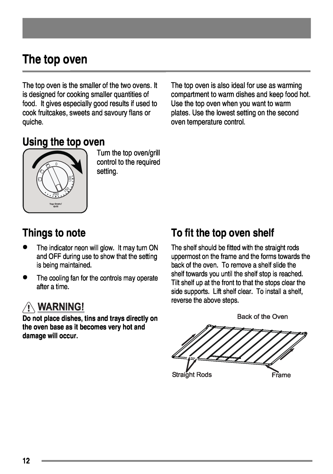 Zanussi ZKC6010 user manual The top oven, Using the top oven, To fit the top oven shelf, Things to note 