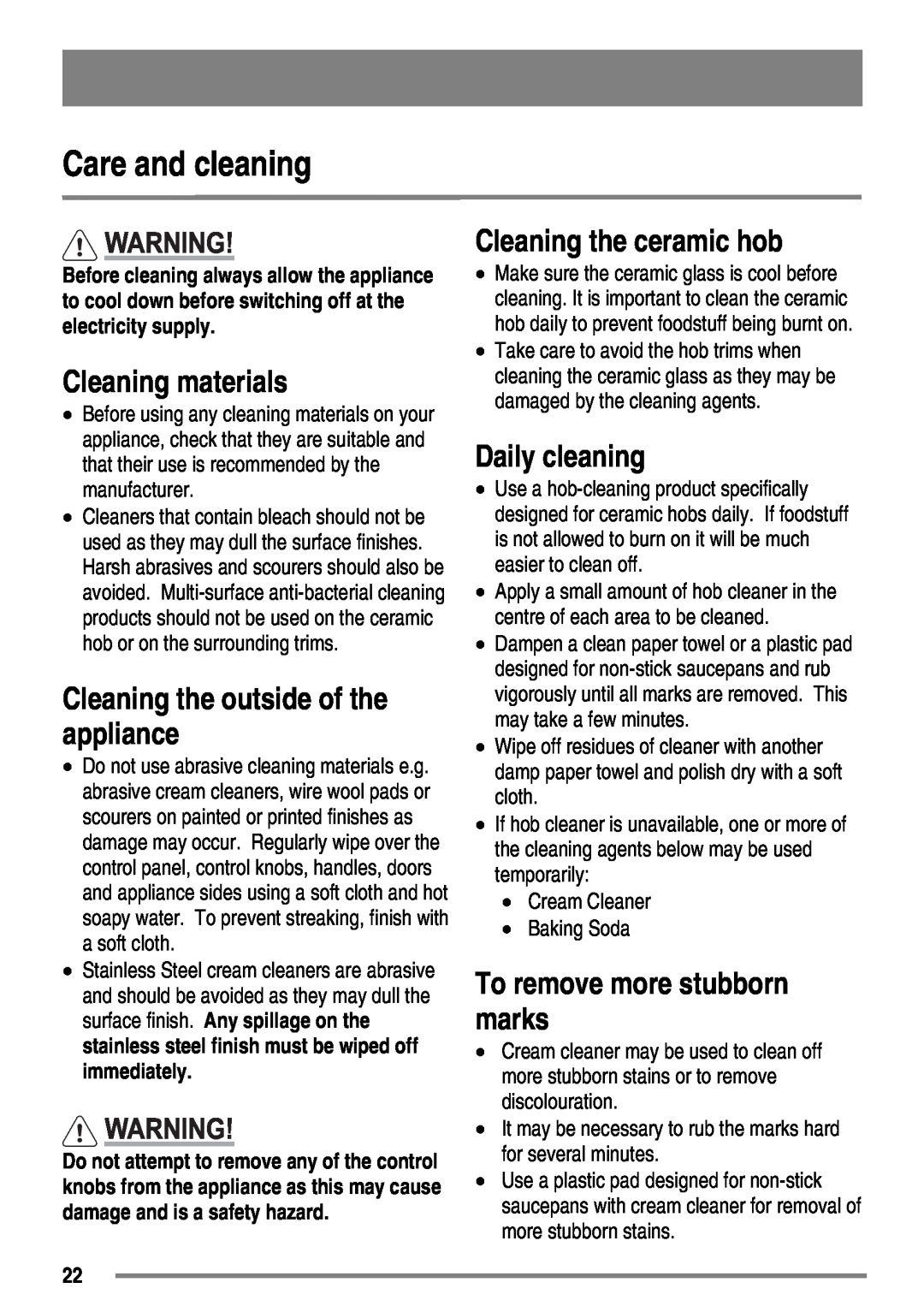 Zanussi ZKC6010 Care and cleaning, Cleaning materials, Cleaning the outside of the appliance, Cleaning the ceramic hob 