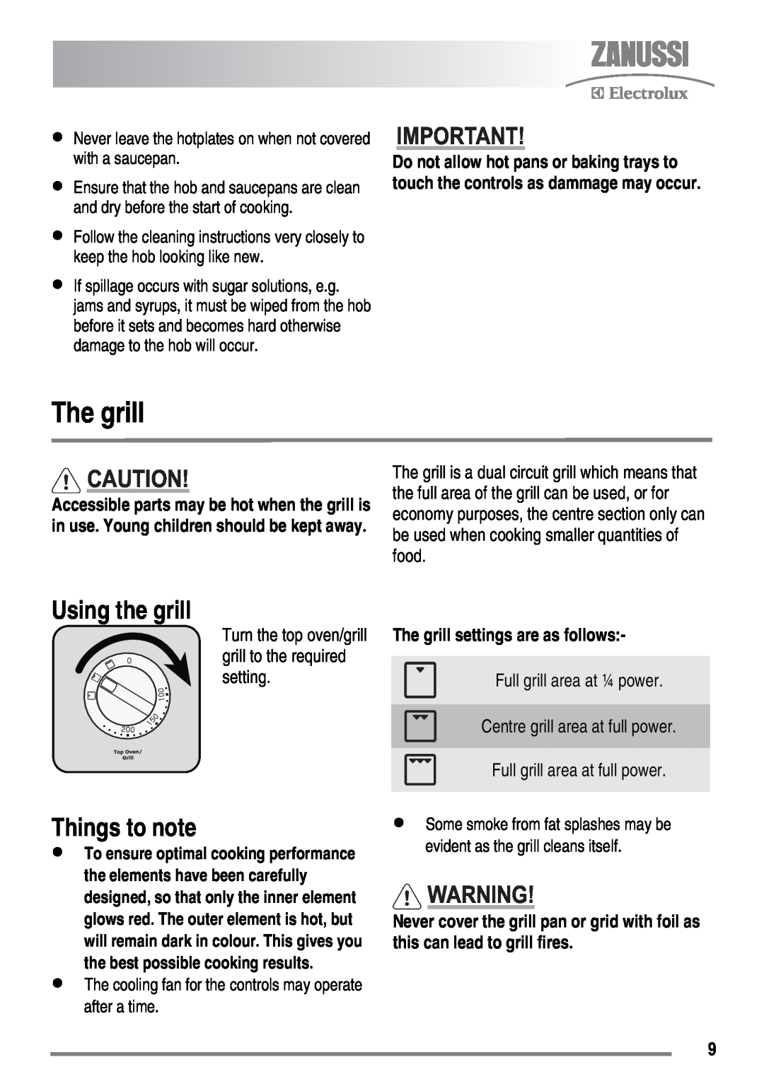 Zanussi ZKC6010 user manual Using the grill, Things to note, The grill settings are as follows 