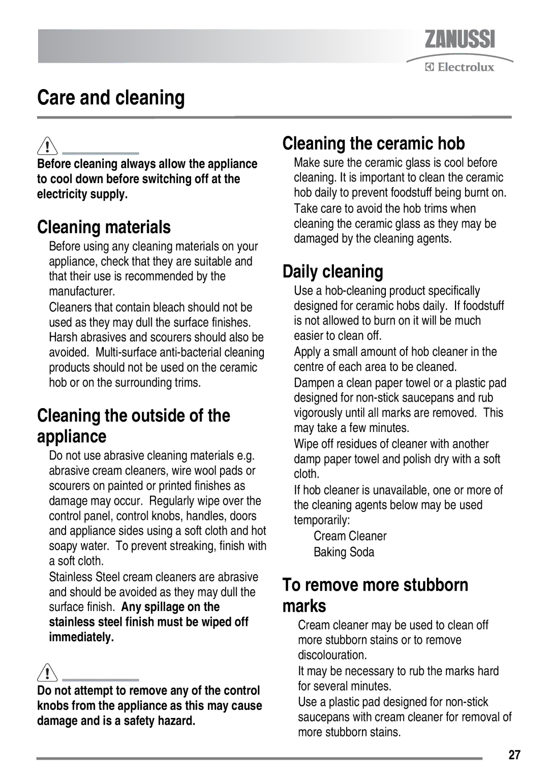 Zanussi ZKC6020 user manual Care and cleaning 