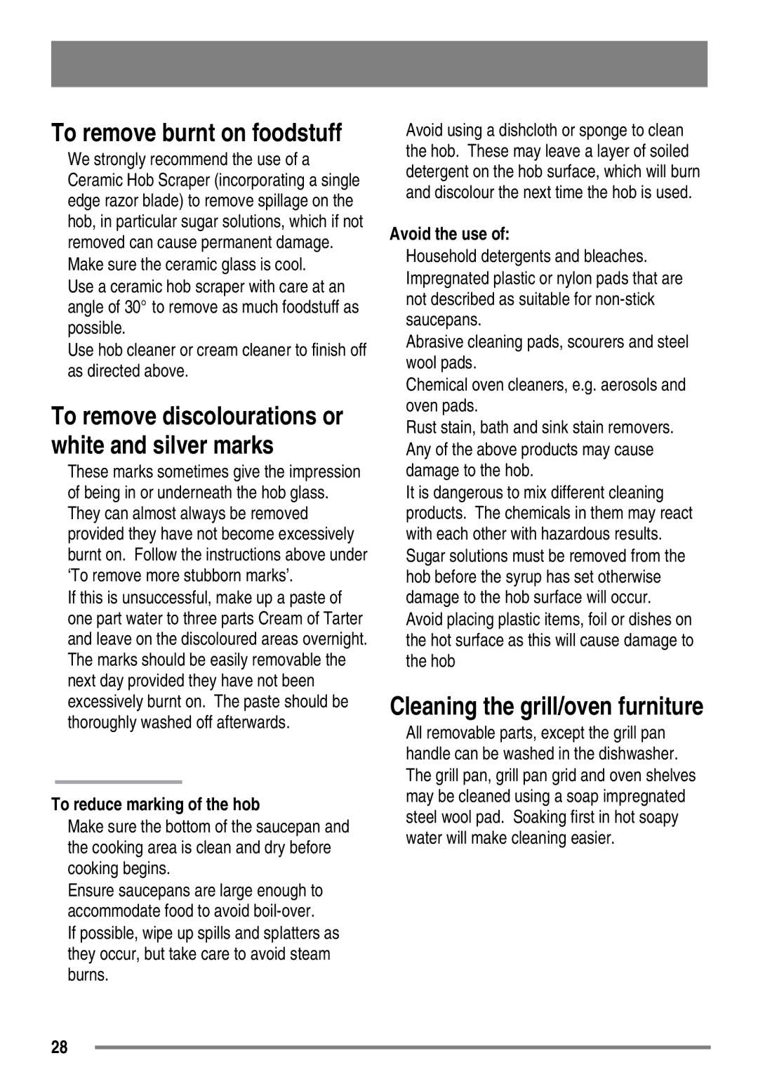 Zanussi ZKC6020 user manual To remove burnt on foodstuff 