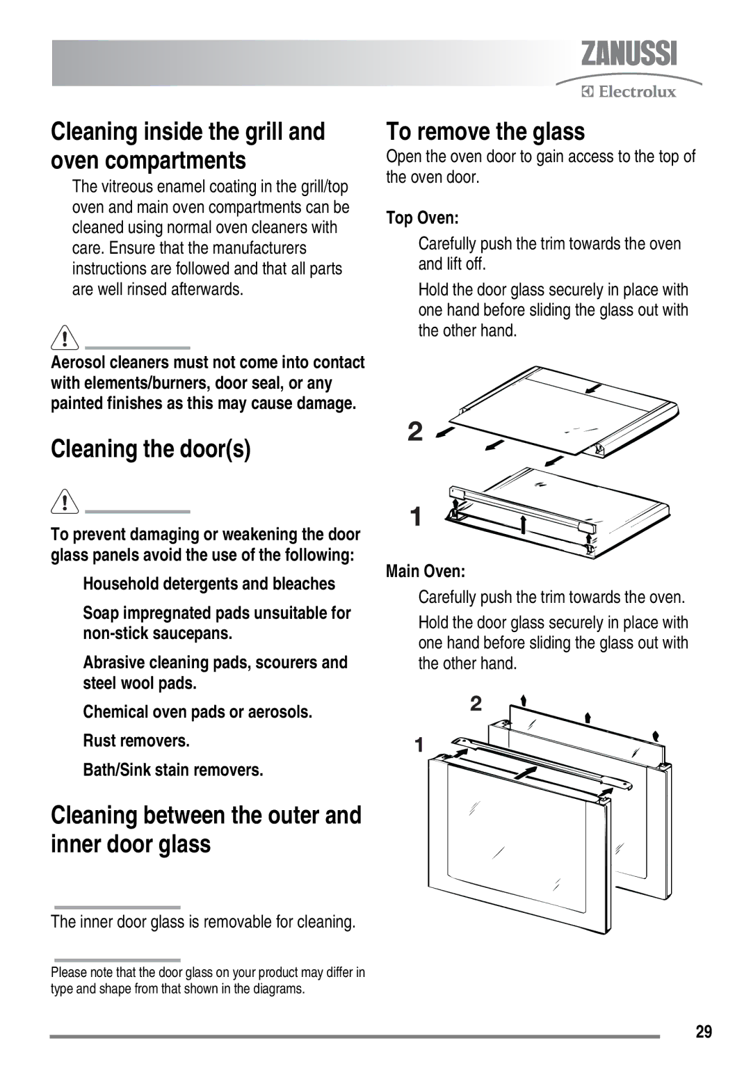 Zanussi ZKC6020 user manual Cleaning the doors, To remove the glass 