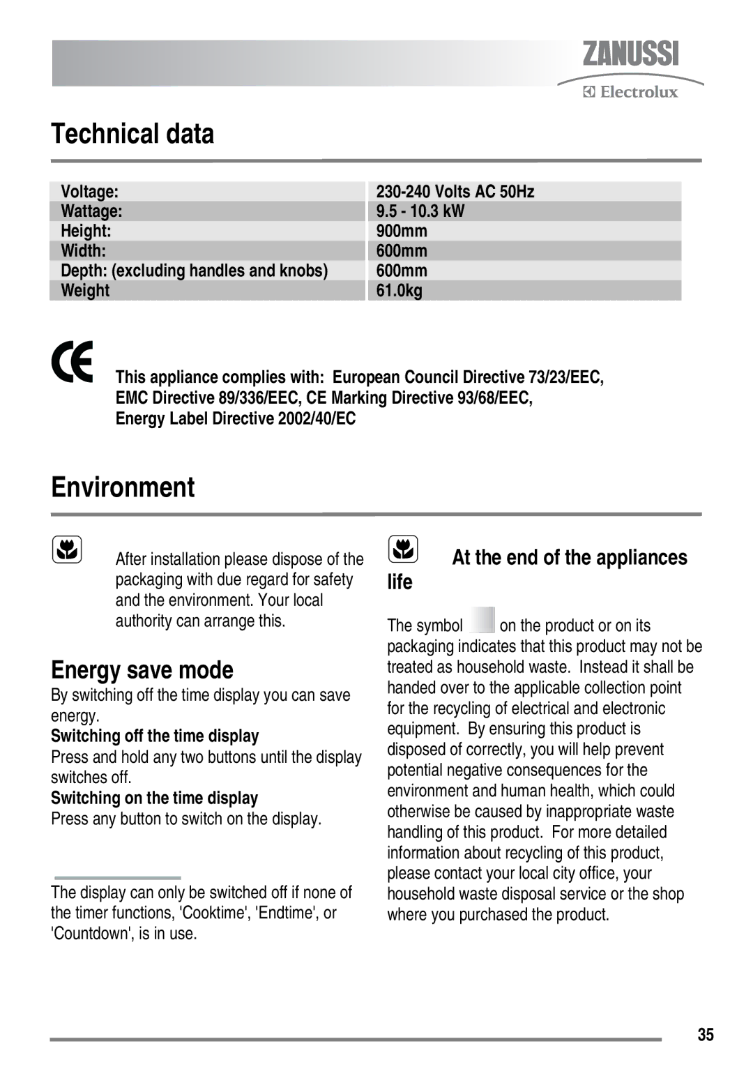 Zanussi ZKC6020 Technical data, Environment, Energy save mode, By switching off the time display you can save energy 