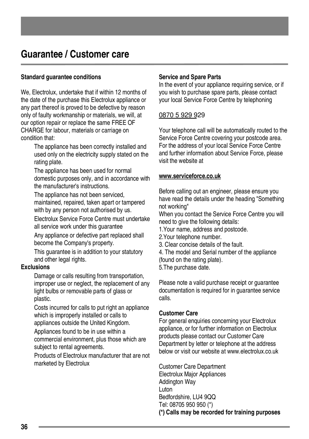 Zanussi ZKC6020 user manual Guarantee / Customer care, Standard guarantee conditions 