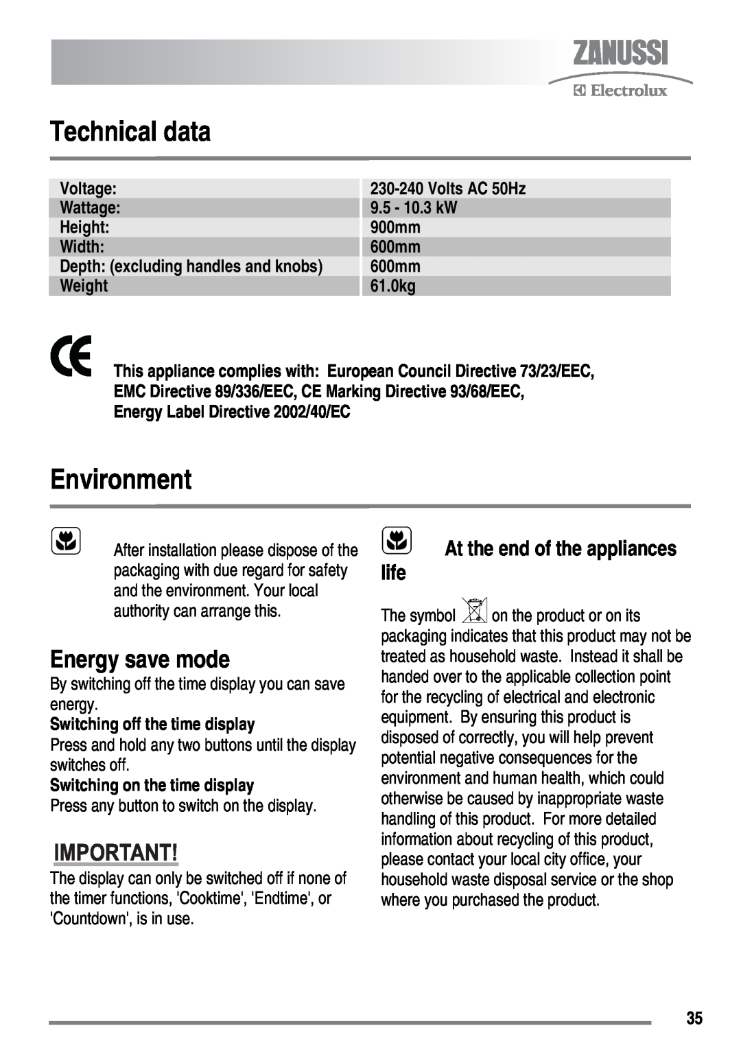 Zanussi ZKC6020 Technical data, Environment, Energy save mode, At the end of the appliances life, Voltage, Volts AC 50Hz 