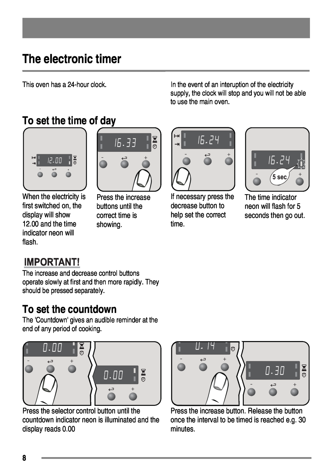Zanussi ZKC6020 user manual The electronic timer, To set the time of day, To set the countdown 