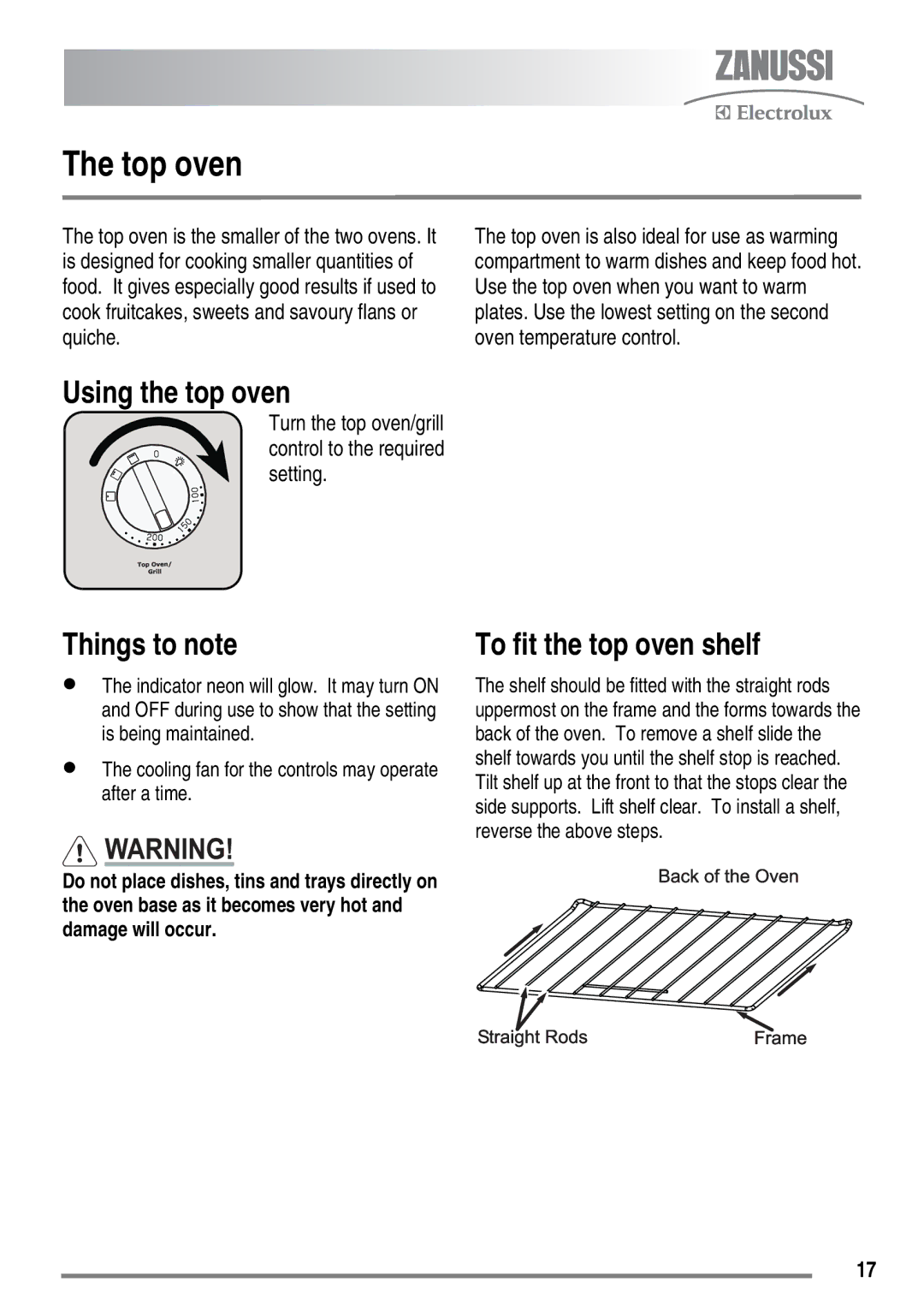 Zanussi ZKC6040 user manual Top oven, Using the top oven, To fit the top oven shelf 