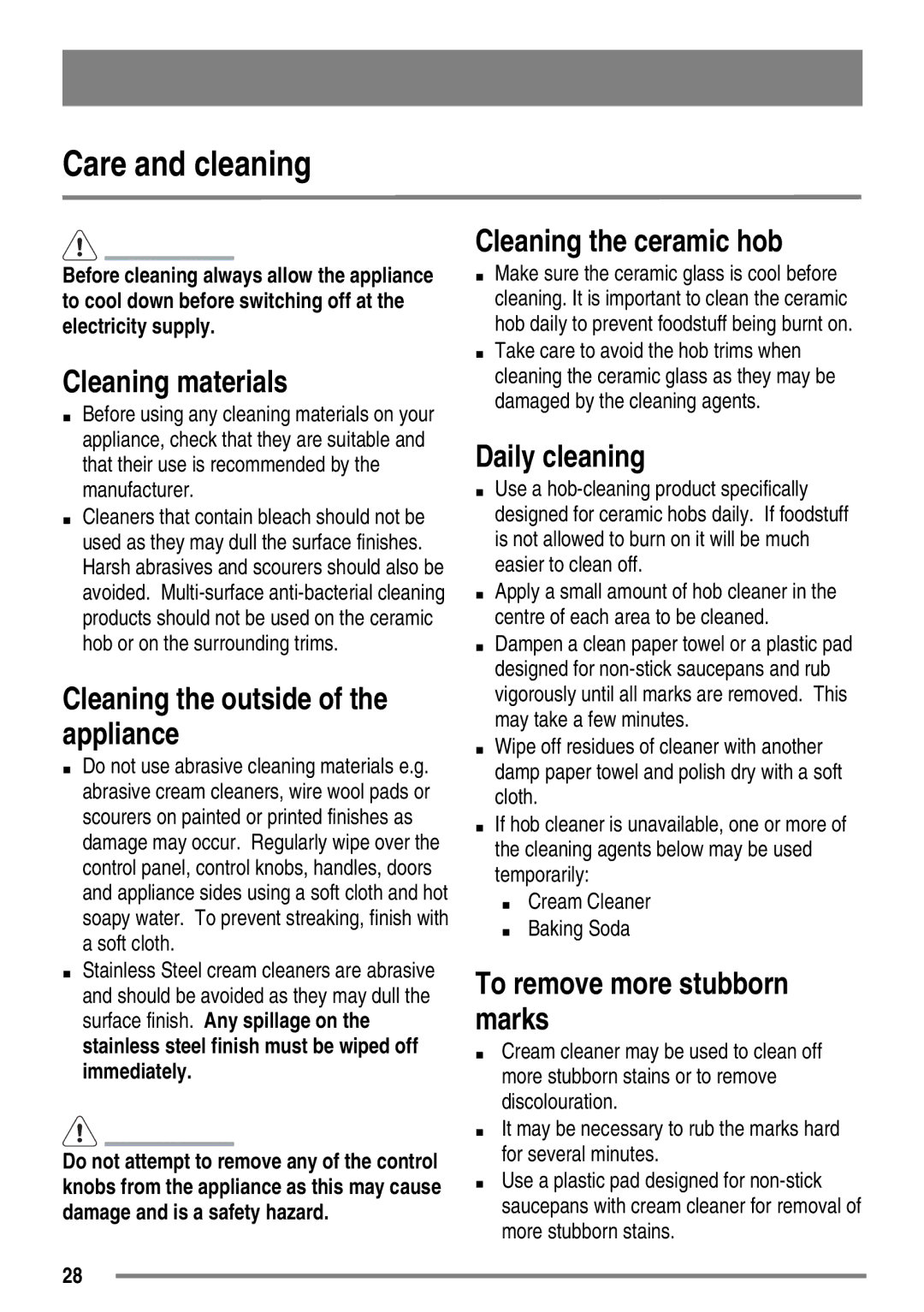 Zanussi ZKC6040 user manual Care and cleaning 