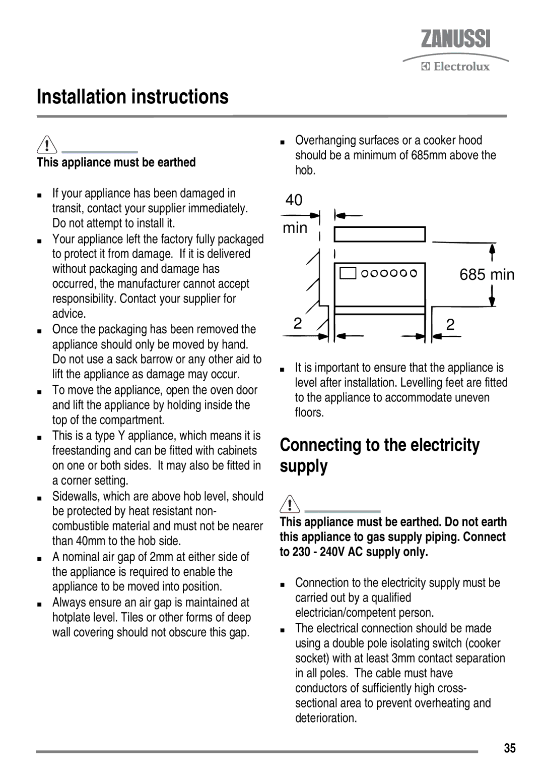 Zanussi ZKC6040 user manual Installation instructions, Connecting to the electricity supply, This appliance must be earthed 