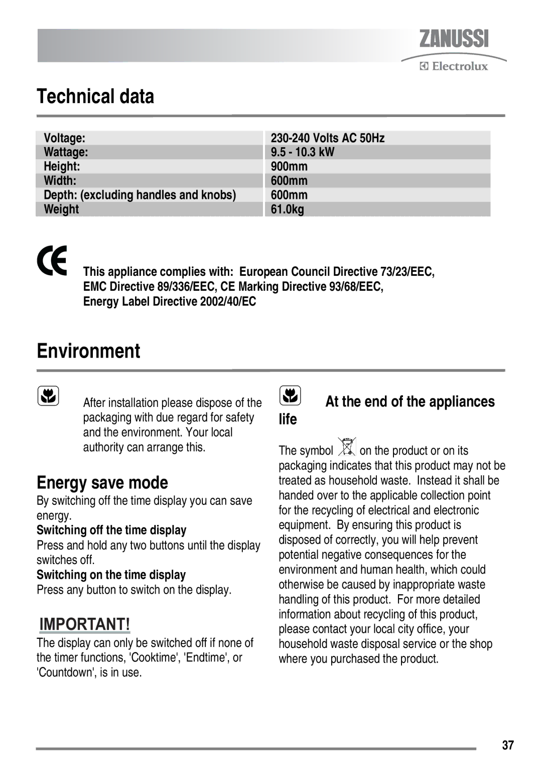 Zanussi ZKC6040 user manual Technical data, Environment, Energy save mode, Switching off the time display 