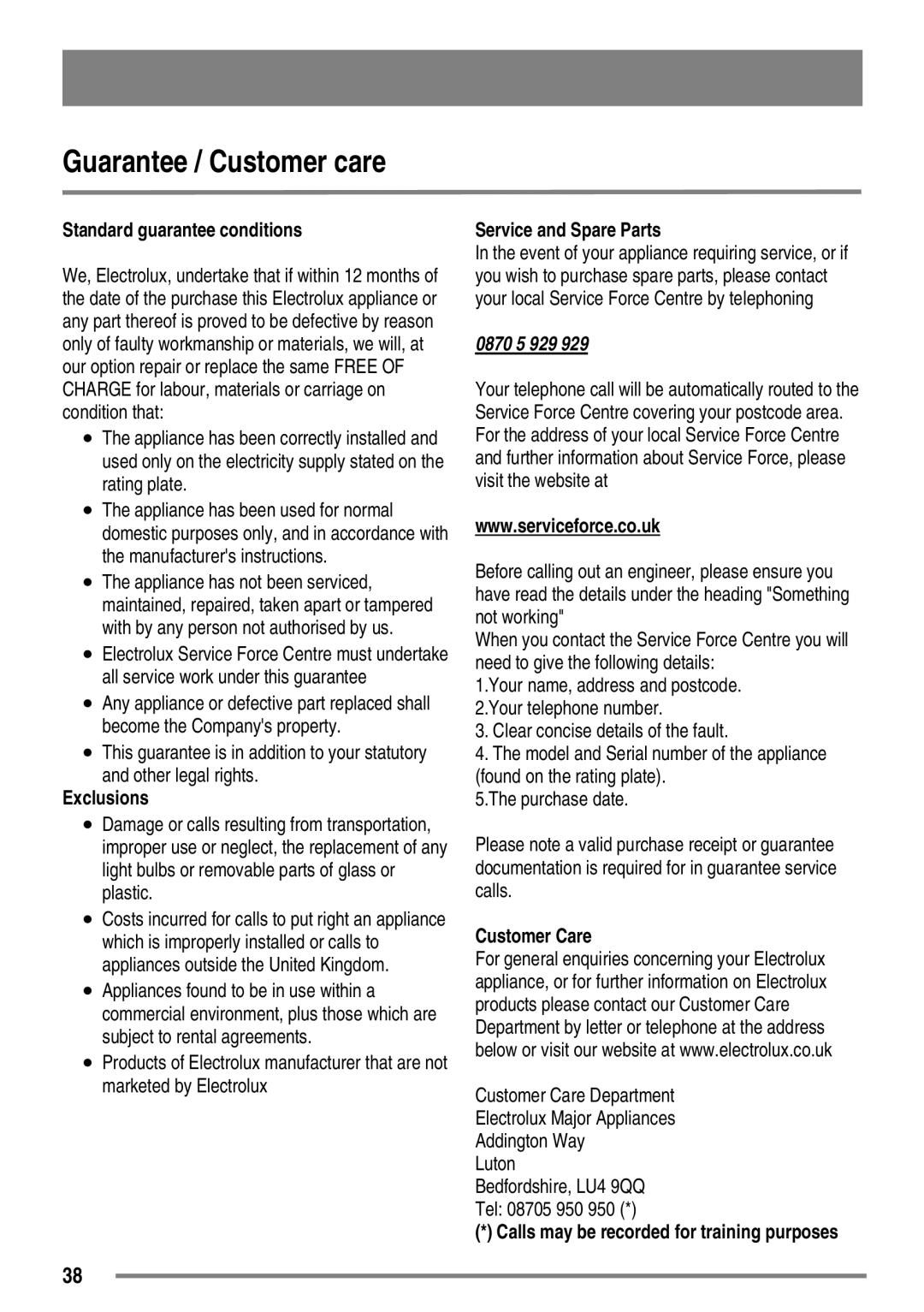 Zanussi ZKC6040 user manual Guarantee / Customer care, Standard guarantee conditions 