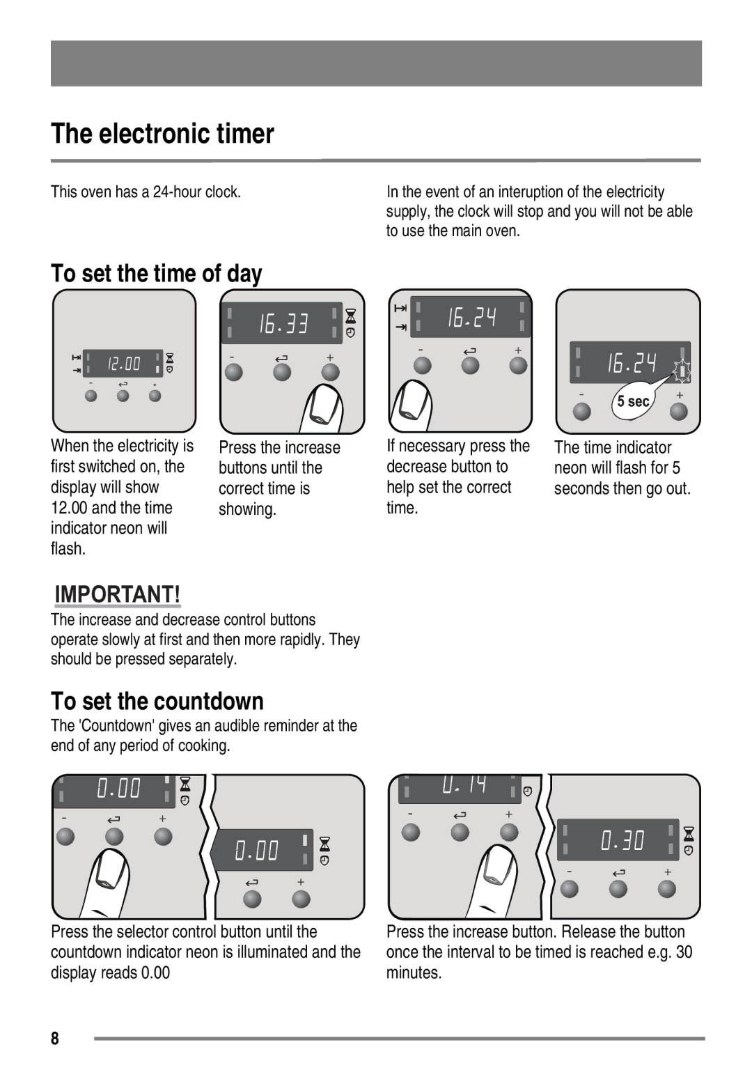 Zanussi ZKC6040 user manual Electronic timer, To set the time of day, To set the countdown 