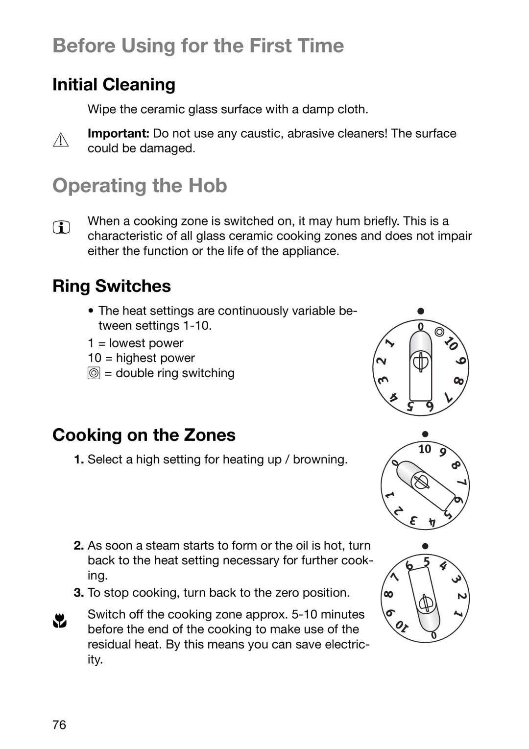 Zanussi ZKF 661 LX, ZKF 661 LN manual Before Using for the First Time, Operating the Hob, Initial Cleaning, Ring Switches 