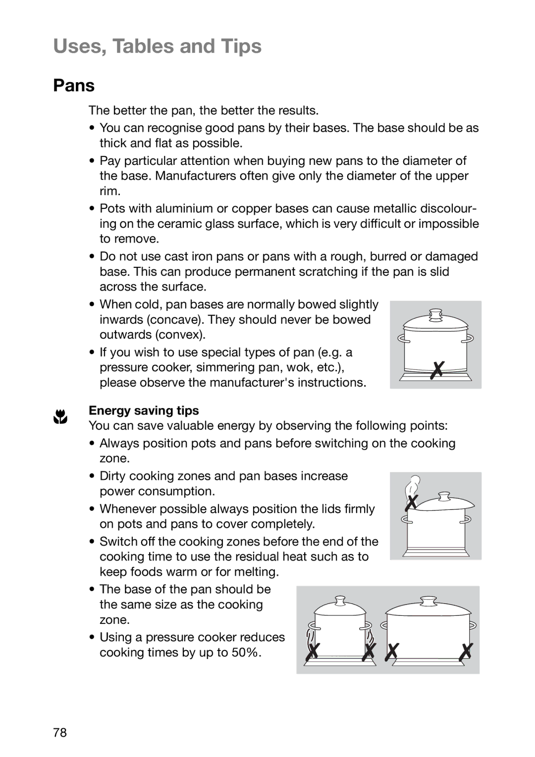 Zanussi ZKF 661 LX, ZKF 661 LN manual Uses, Tables and Tips, Pans, Energy saving tips 